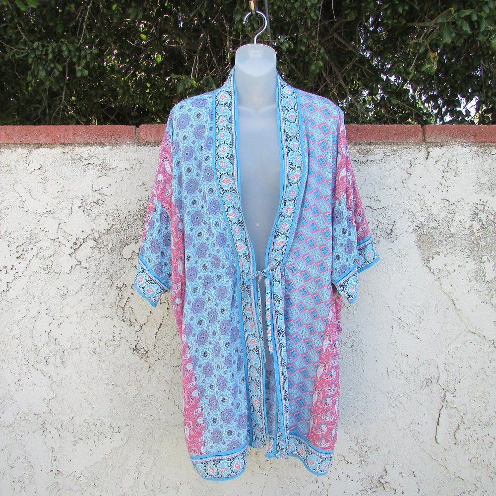 GAP turquoise pink tie front kimono duster M/L